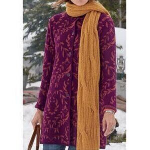 Sundance Wool Sweater Coat, Burgundy Floral Print, Size Large